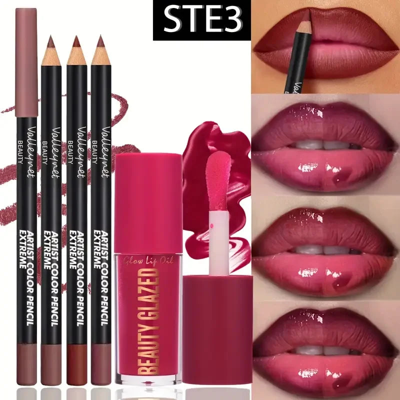 4pcs Lip Kit - 3 Lip Liners & 1 Lip Glaze Waterproof Set