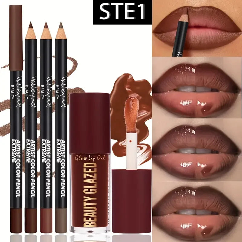 4pcs Lip Kit - 3 Lip Liners & 1 Lip Glaze Waterproof Set
