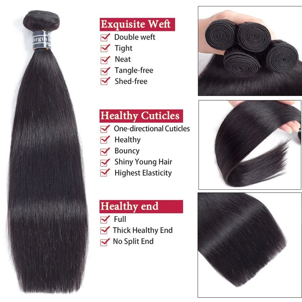 Straight Bundles Human Hair Extensions 3 4 Bundles Unprocessed Brazilian Hair 26 Inch Double Weft Weave Natural Black For Women