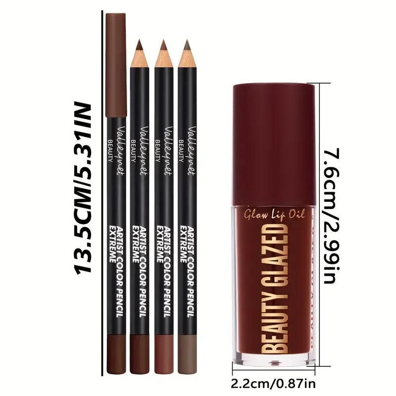 4pcs Lip Kit - 3 Lip Liners & 1 Lip Glaze Waterproof Set