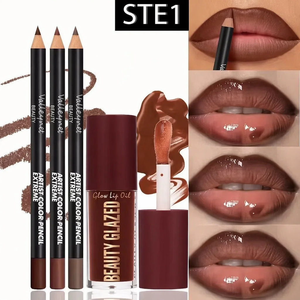 4pcs Lip Kit - 3 Lip Liners & 1 Lip Glaze Waterproof Set