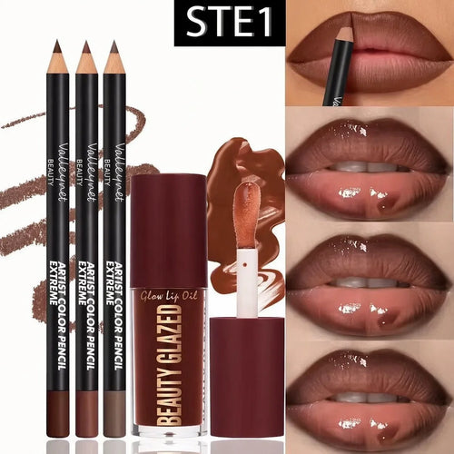 4pcs Lip Kit - 3 Lip Liners & 1 Lip Glaze Waterproof Set