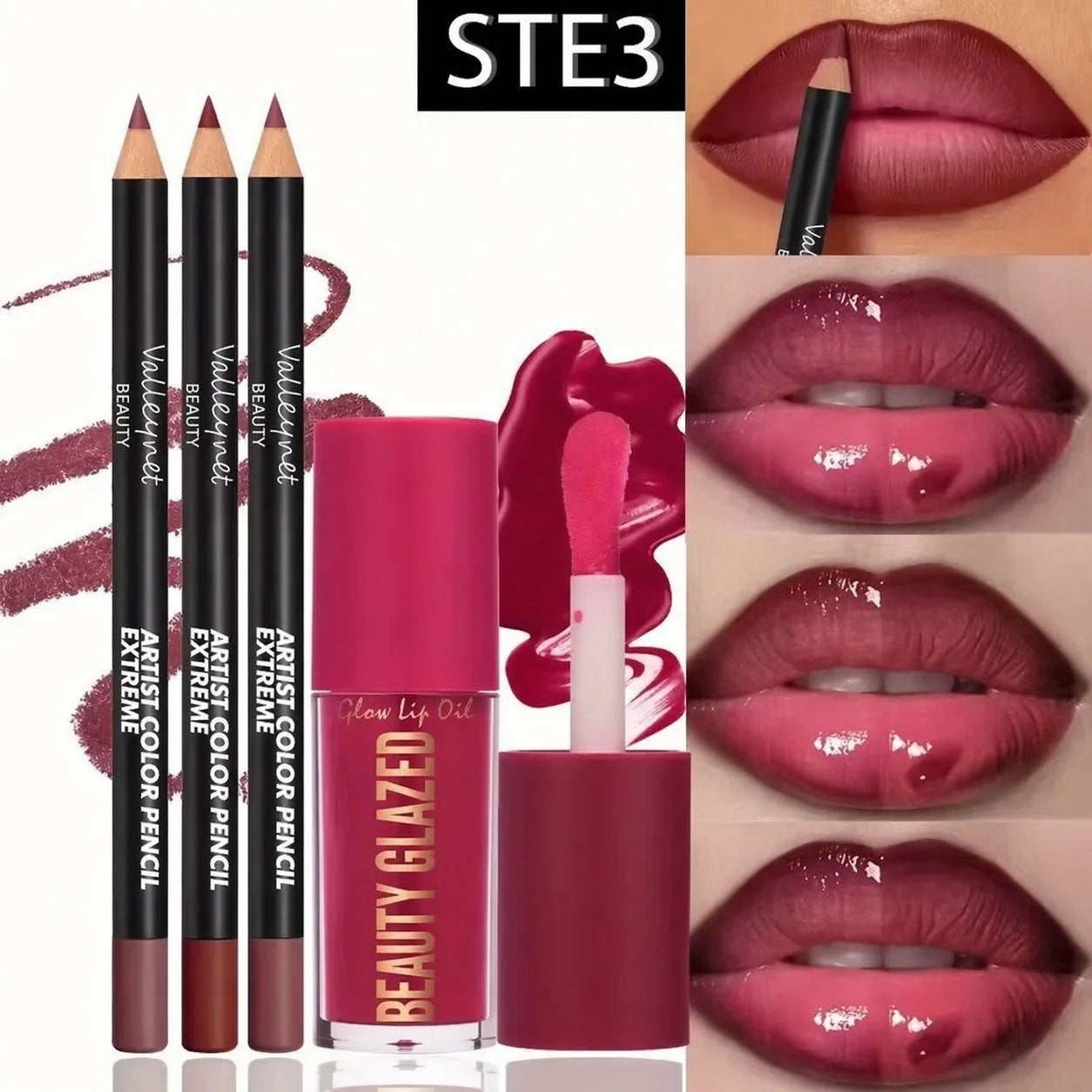 4pcs Lip Kit - 3 Lip Liners & 1 Lip Glaze Waterproof Set