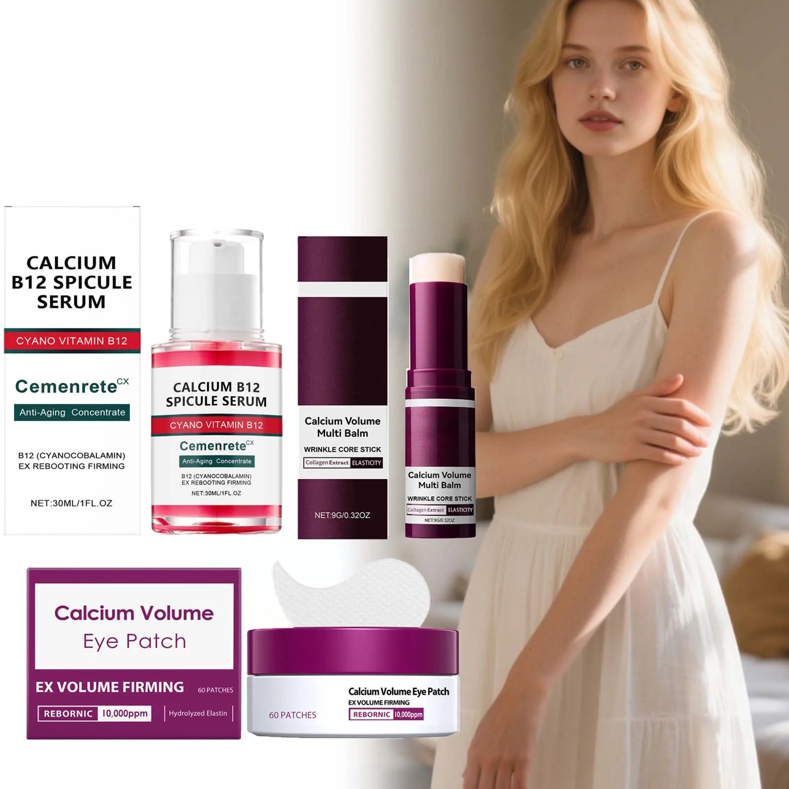 Calcium Anti-Aging Skincare Set | Serum, Eye Patches & Balm