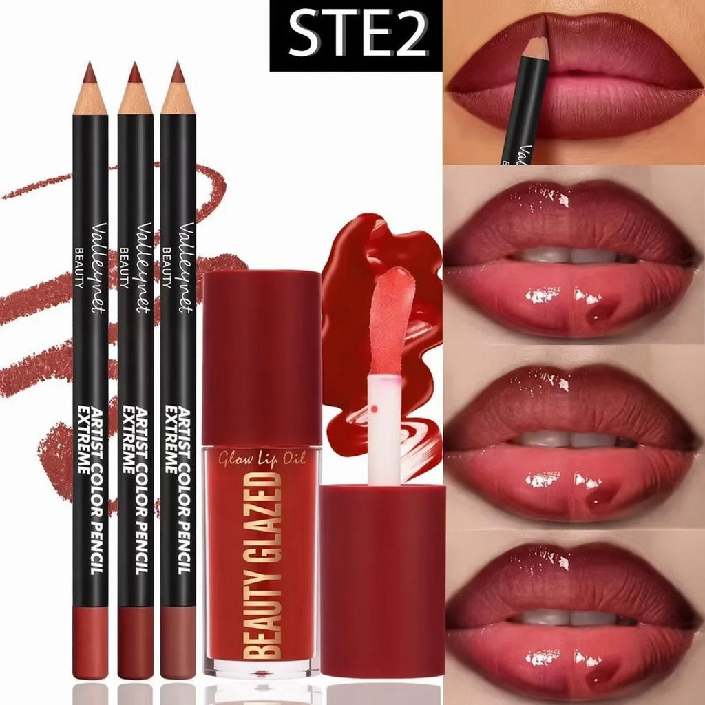 4pcs Lip Kit - 3 Lip Liners & 1 Lip Glaze Waterproof Set
