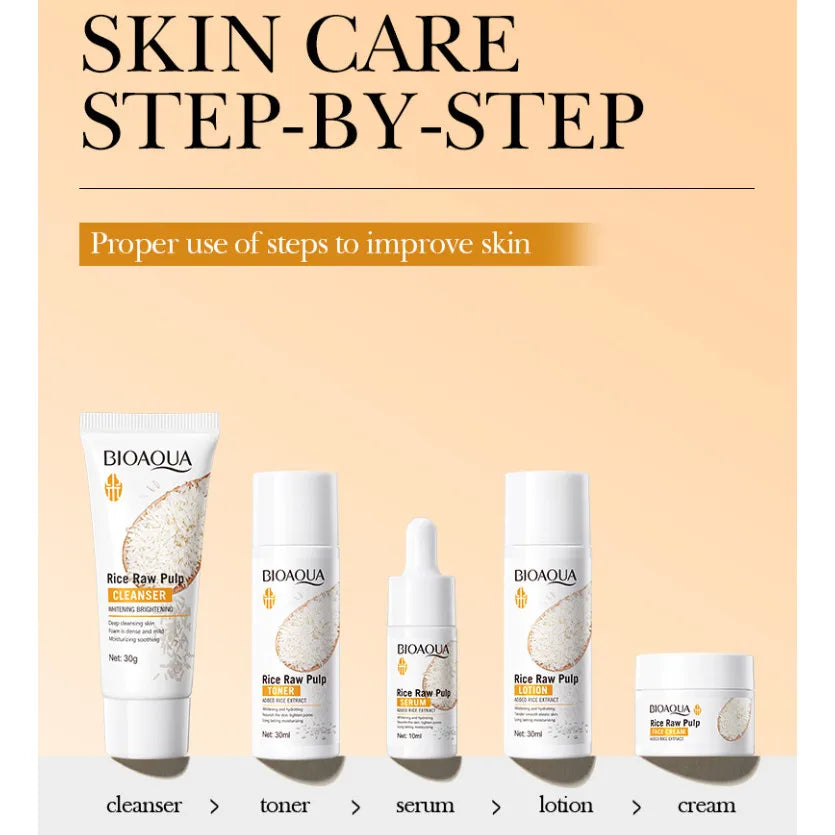 BIOAOUA Rice Raw Whitening Skincare Set - 5pcs Complete Routine