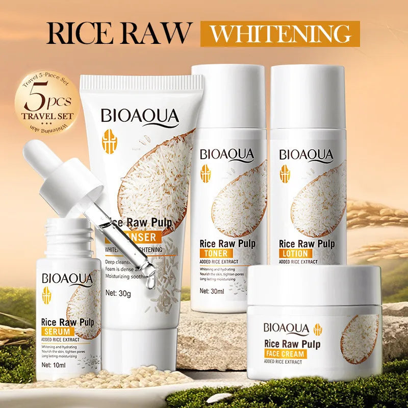 BIOAOUA Rice Raw Whitening Skincare Set - 5pcs Complete Routine