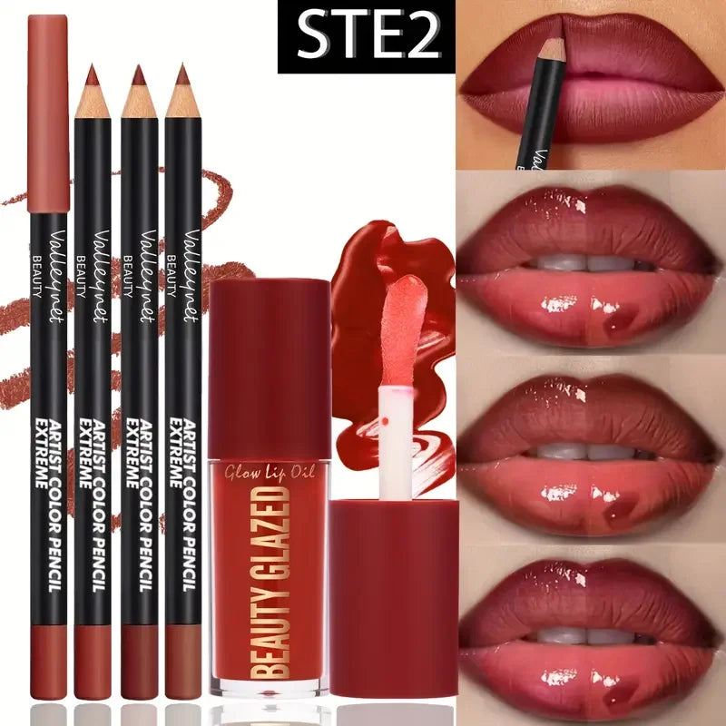 4pcs Lip Kit - 3 Lip Liners & 1 Lip Glaze Waterproof Set